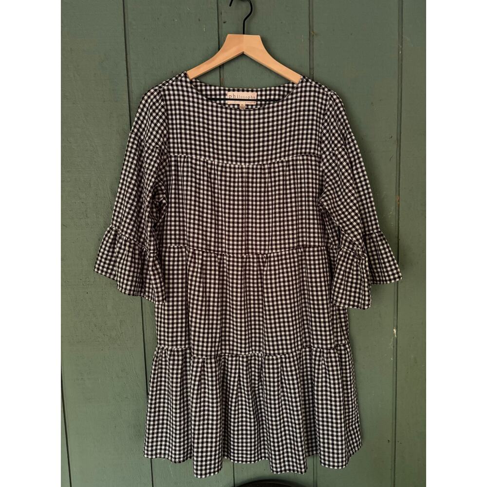 Philosophy Gingham Check Plaid Ruffle Bell Sleeve Tiered Smock Dress P- Large - Picture 2 of 7